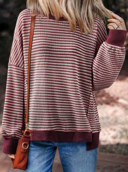Red Stripe Ribbed Trim Drop Shoulder Long Sleeve Oversize Top