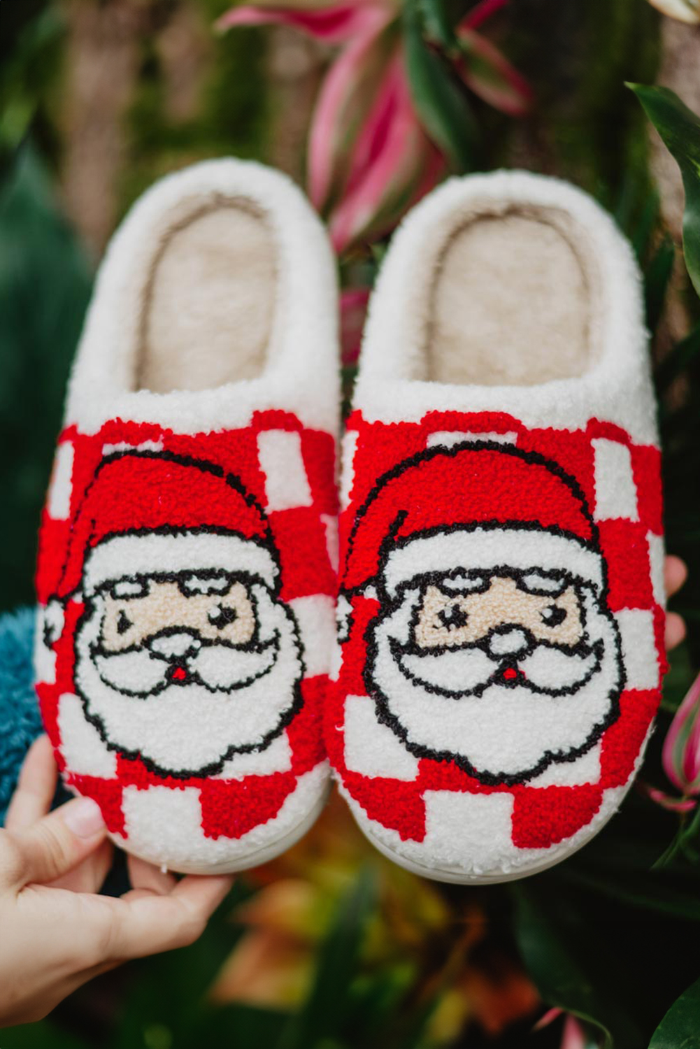 Fiery Red Checkered Santa Claus Graphic Plush Home Slippers - Image 6