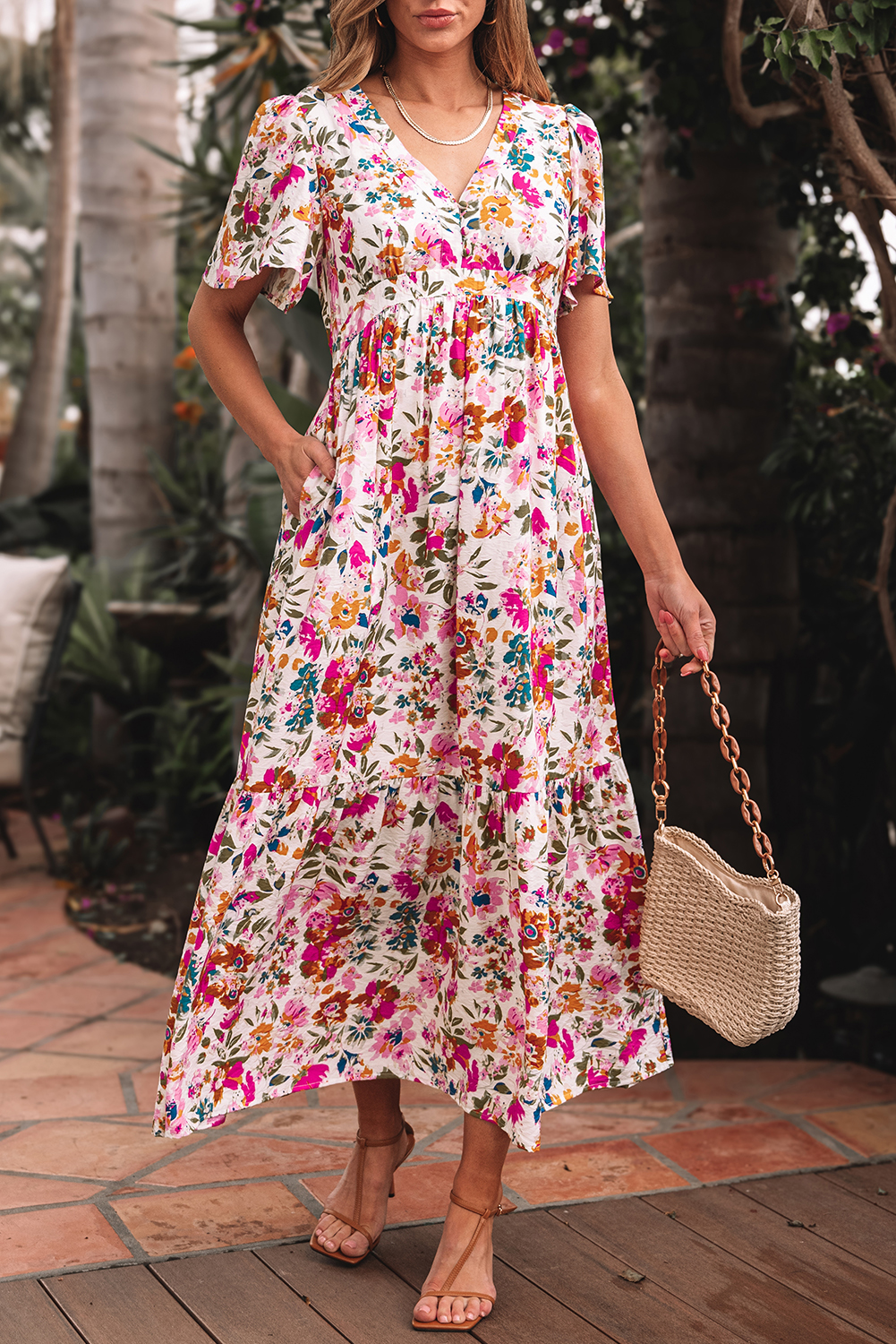 Red Floral Short Sleeve V Neck High Waist Maxi Dress - Image 5