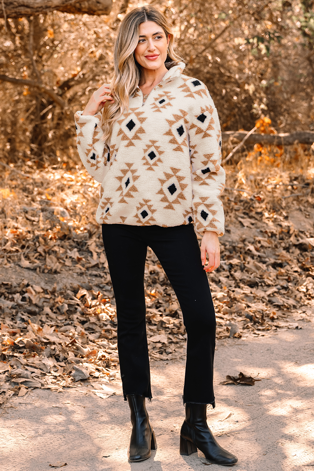 Khaki Aztec Print Sherpa Quarter Zip Collar Sweatshirt - Image 12