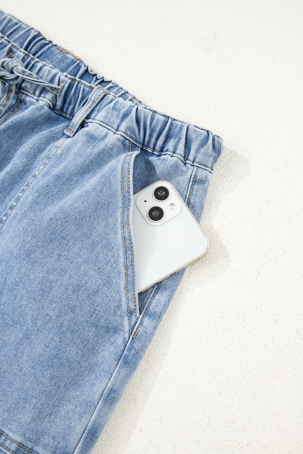 Beau Blue Drawstring Seam Detail Raw Hem Wide Leg Denim Pants - Image 7