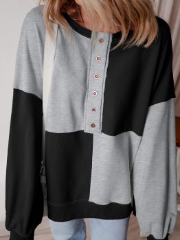 Color black Colorblock Henley High Low Oversize Sweatshirt