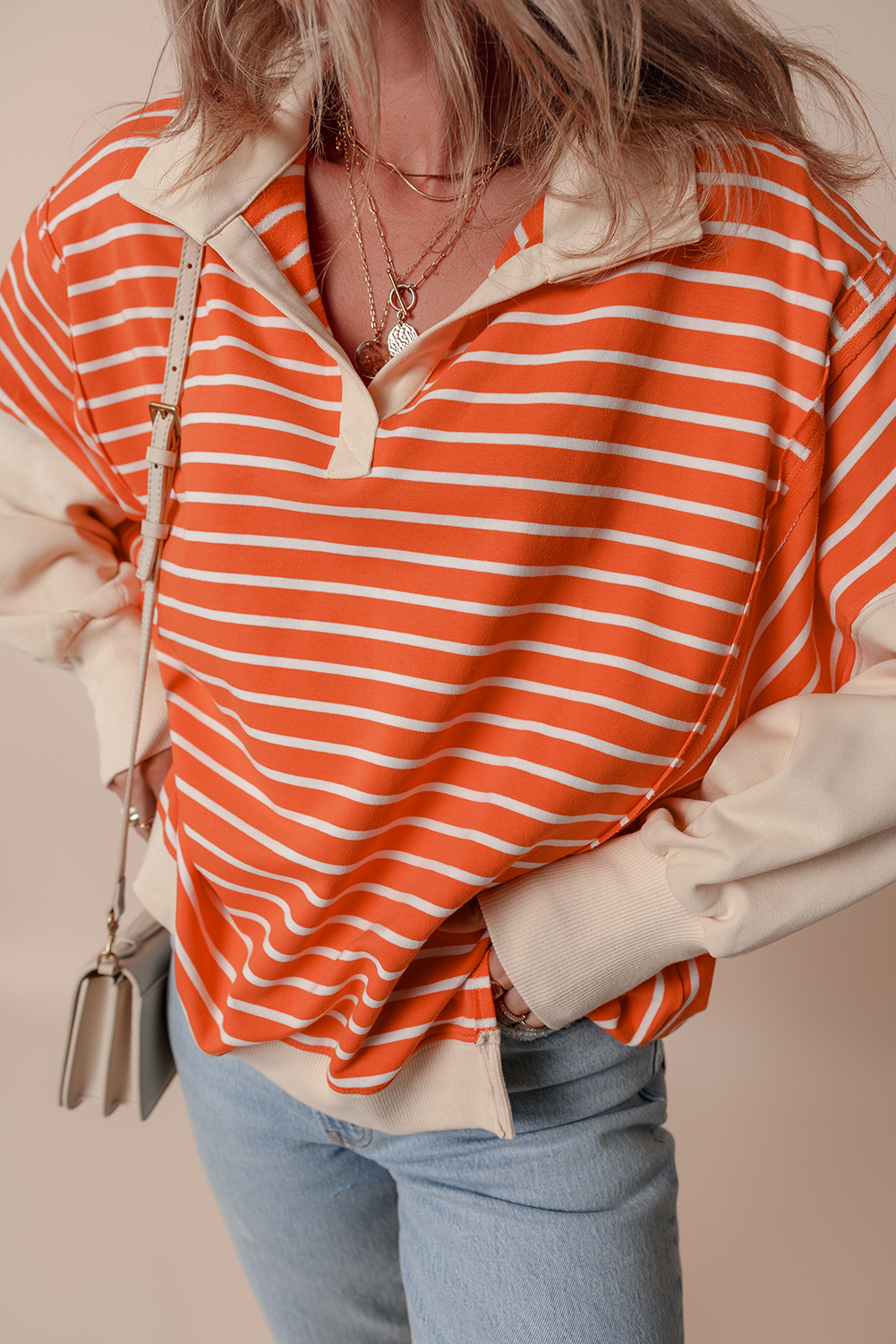 Orange Stripe Color Block Loose Fit Collared Drop Shoulder Sweatshirt - Image 7