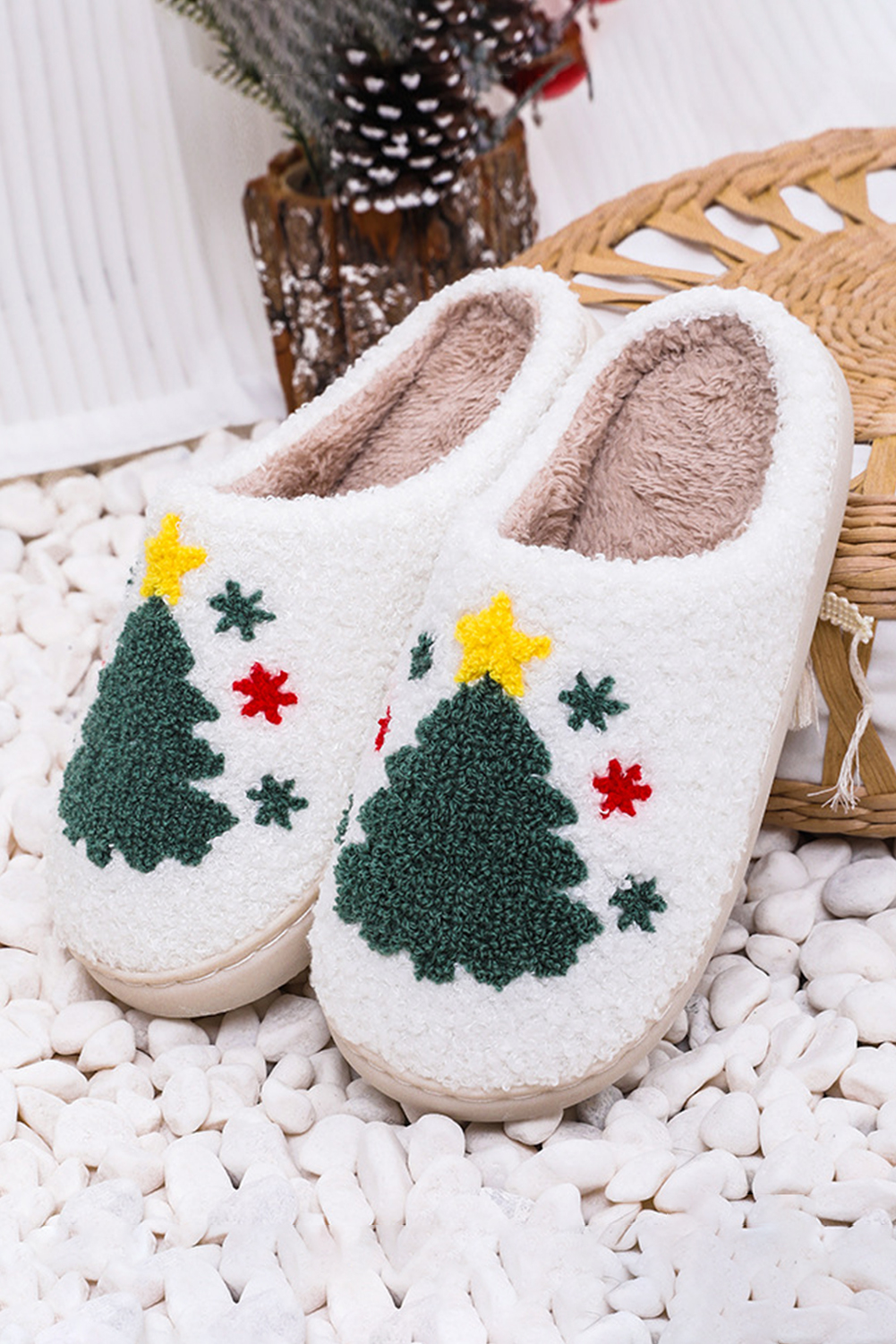 White Fuzzy Christmas Tree Pattern Home Slippers - Image 3