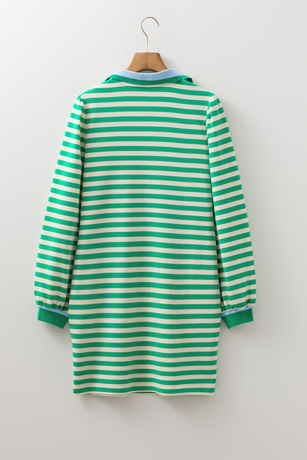 Green Striped Contrast Collar Split Neck Long Sleeve Mini Dress - Image 5