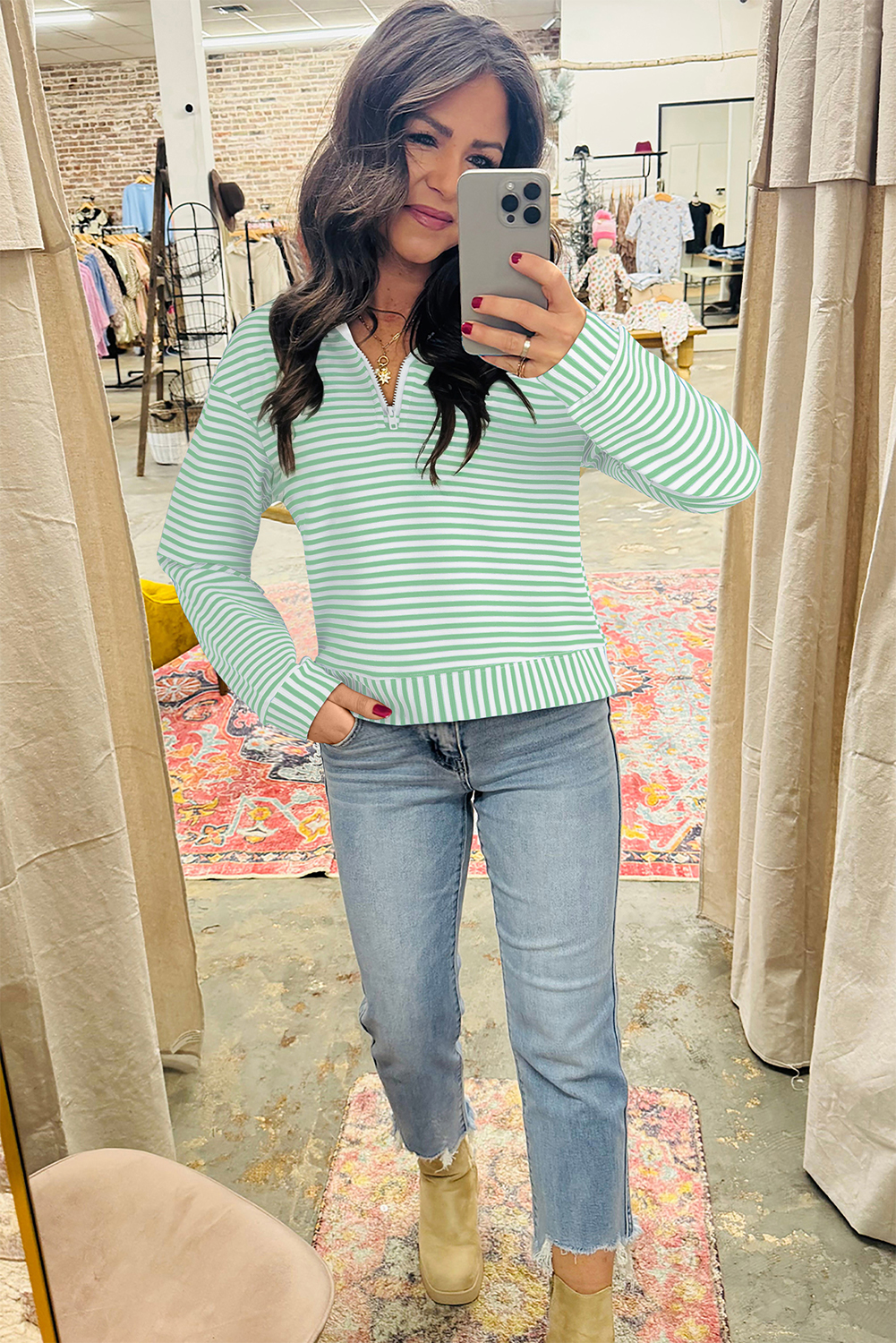 Green Stripe Quarter Zip Collar Pullover Long Sleeve Top - Image 2