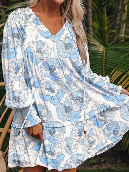 Sky Blue Floral Print Tie Neck Long Sleeve Flowy Mini Dress