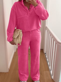 Peach Blossom Half Button Pullover Drawstring Pants Solid Color Corduroy 2pcs Outfit