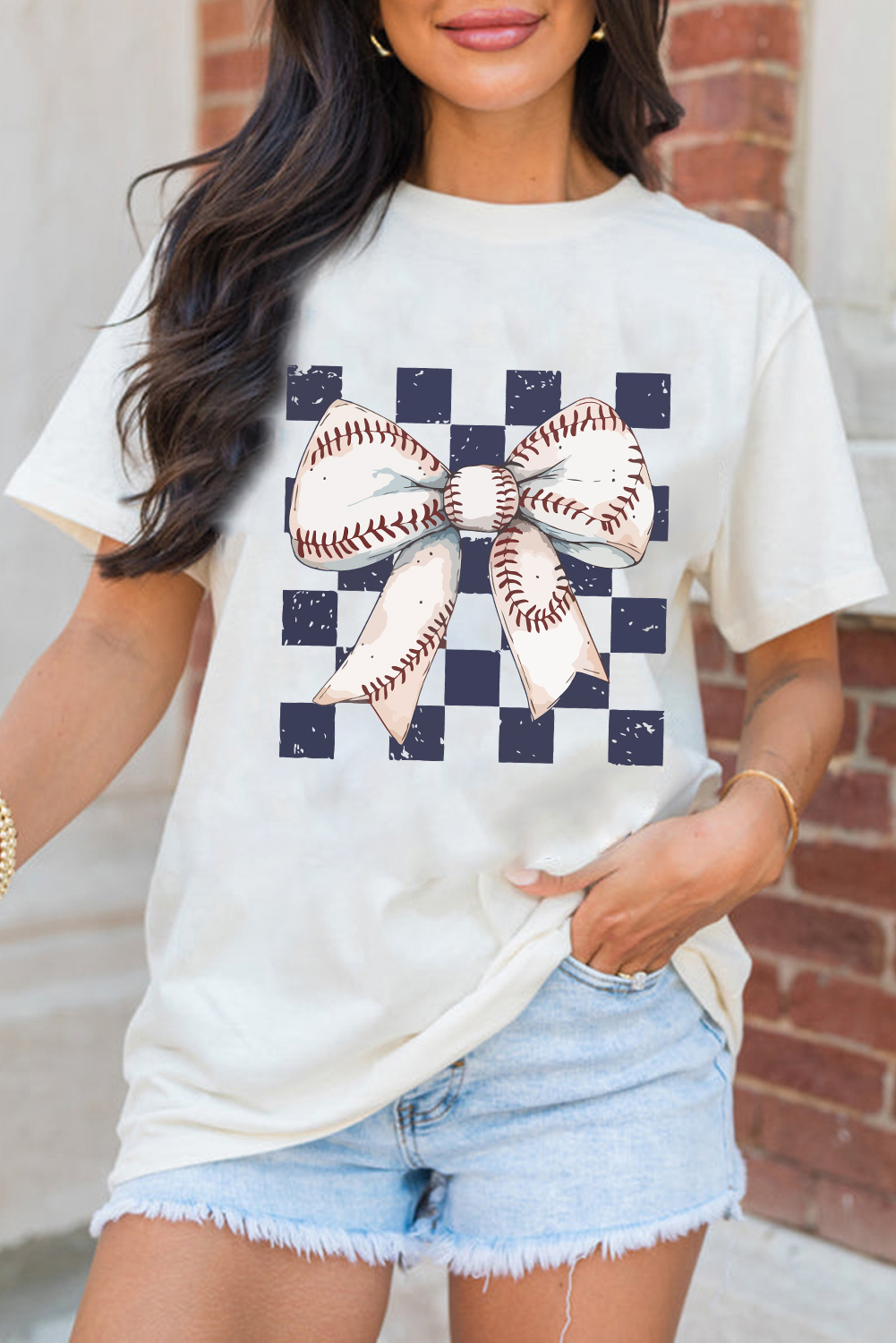 White Checkered Rugby Bowknot Graphic Crew T Shirt - Image 3