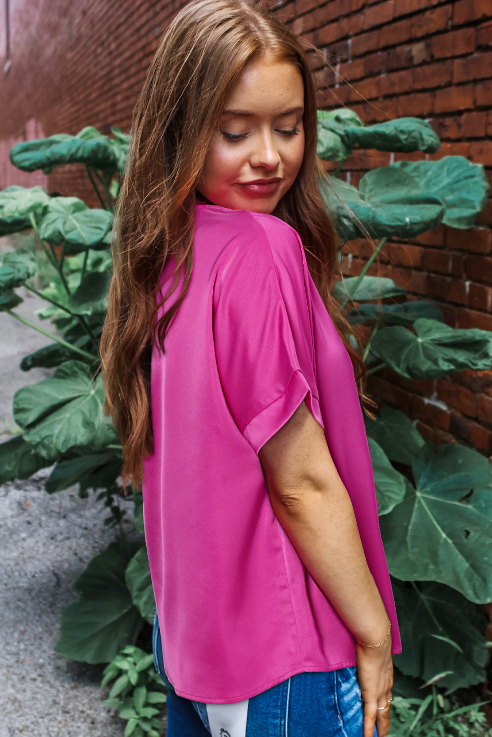 Bright Pink Silky V Neck Dolman Blouse - Image 2