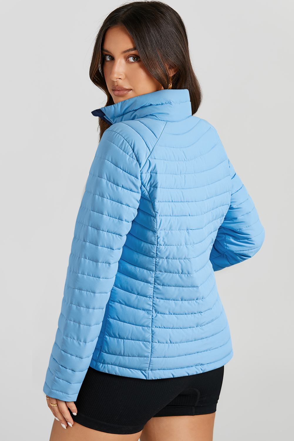 Myosotis Solid Color Quilted Zip-up Puffer Jacket - Image 3
