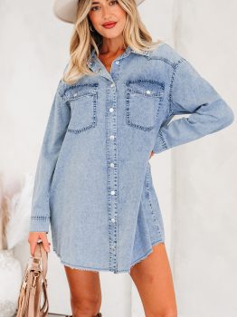 Beau Blue Chest Pocket Raw Hem Denim Loose Shirt Dress