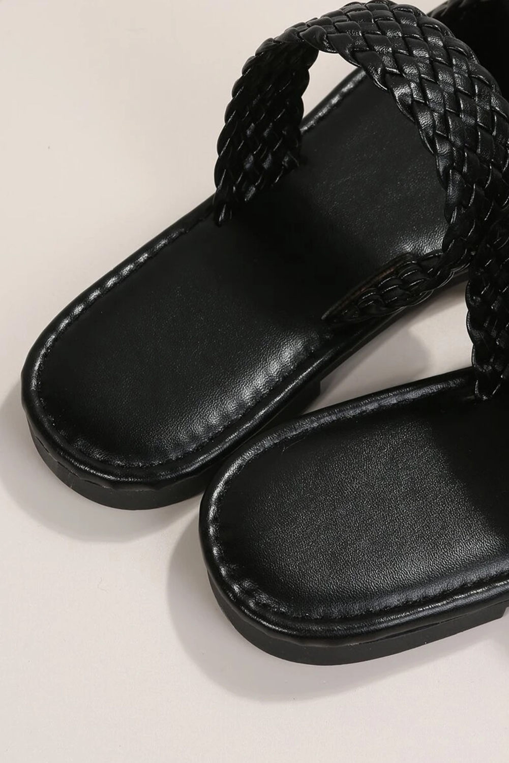 Black Braided Double Band Leathered Flat Slippers - Image 6