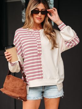 Pink Stripe Stitched Detail Color Block Patchwork Oversized Pullover Top
