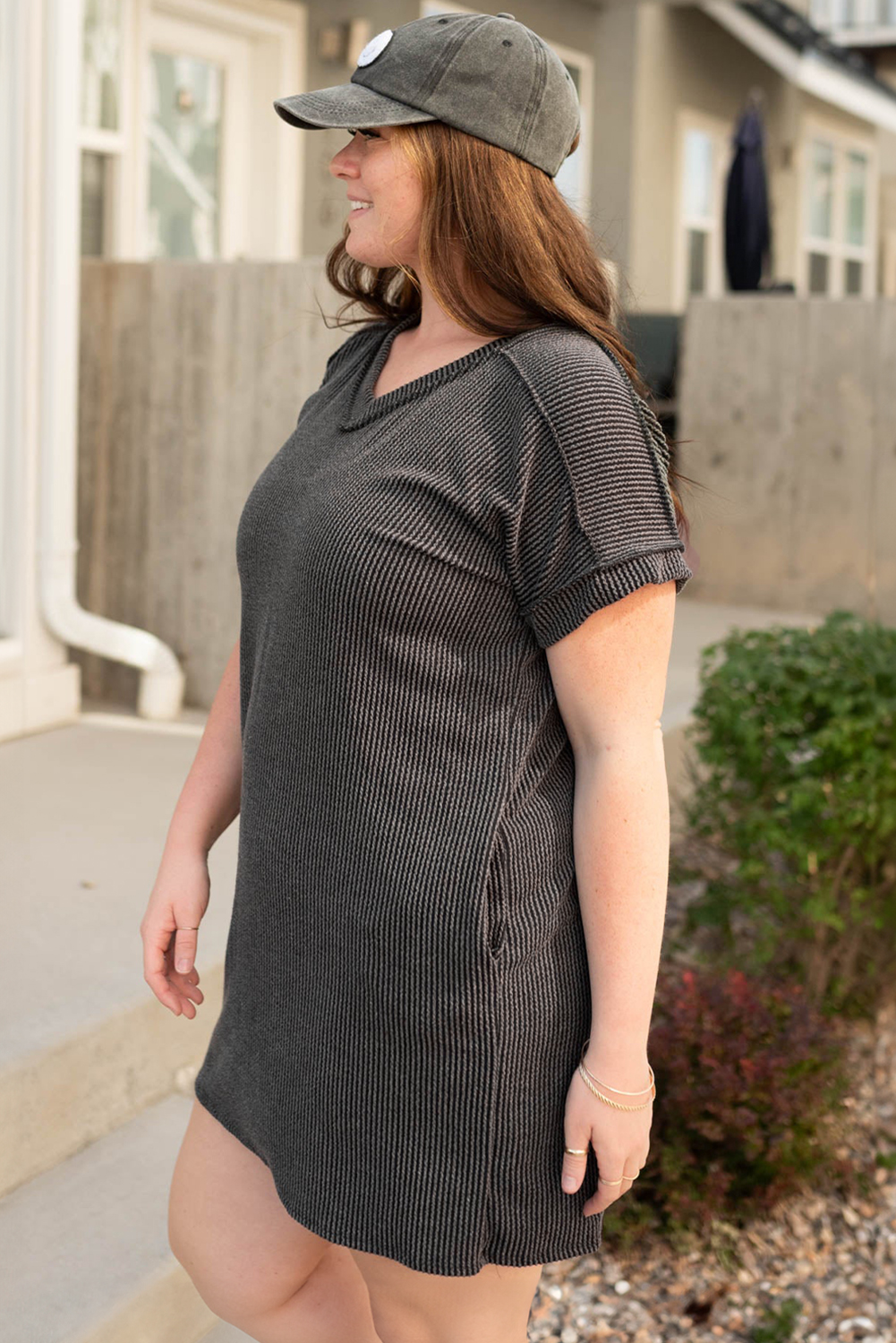 Carbon Grey Corded V Neck Plus Size T Shirt Dress with Pockets - Image 3