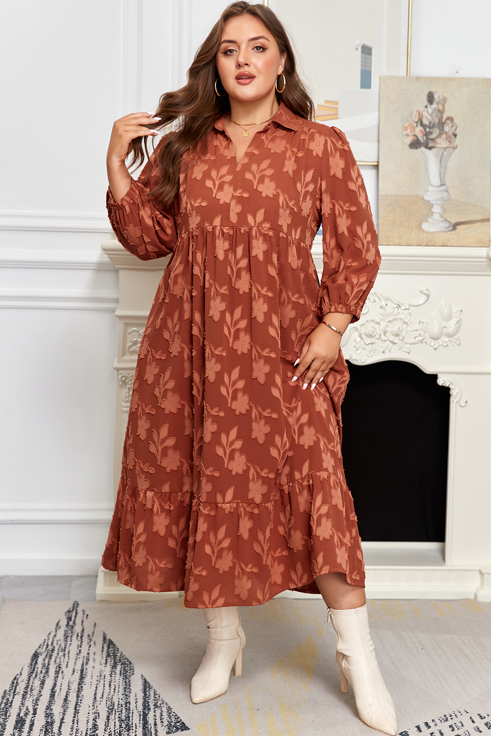 Cinnamon Plus Size Textured 3D Flower Pattern Ruffle Hem 3/4 Sleeve Long Dress - Image 6
