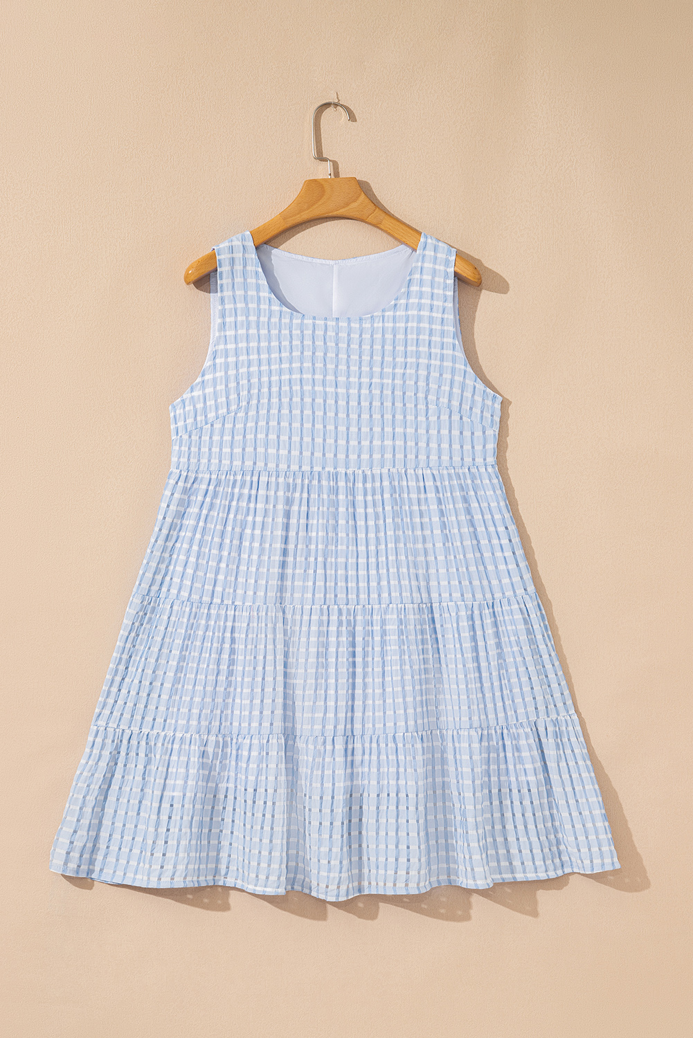 Light Blue Plaid Tiered A-line Sleeveless Mini Sundress - Image 5