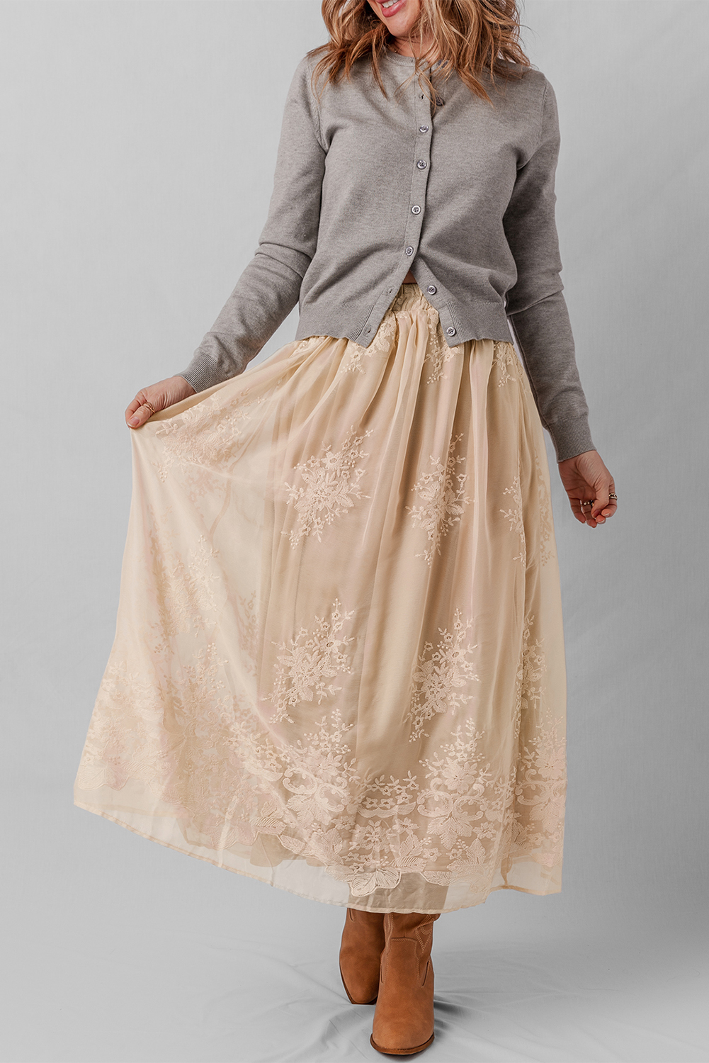 Oatmeal Embroidered Mesh Overlay Flowy Long Skirt - Image 5