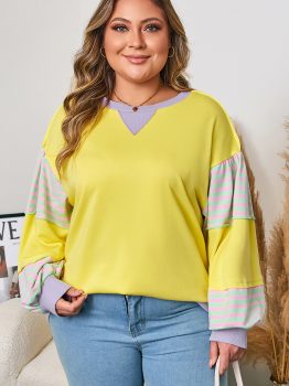 Yellow Striped Color Block Patchwork Crewneck Plus Size Pullover Sweatshirt