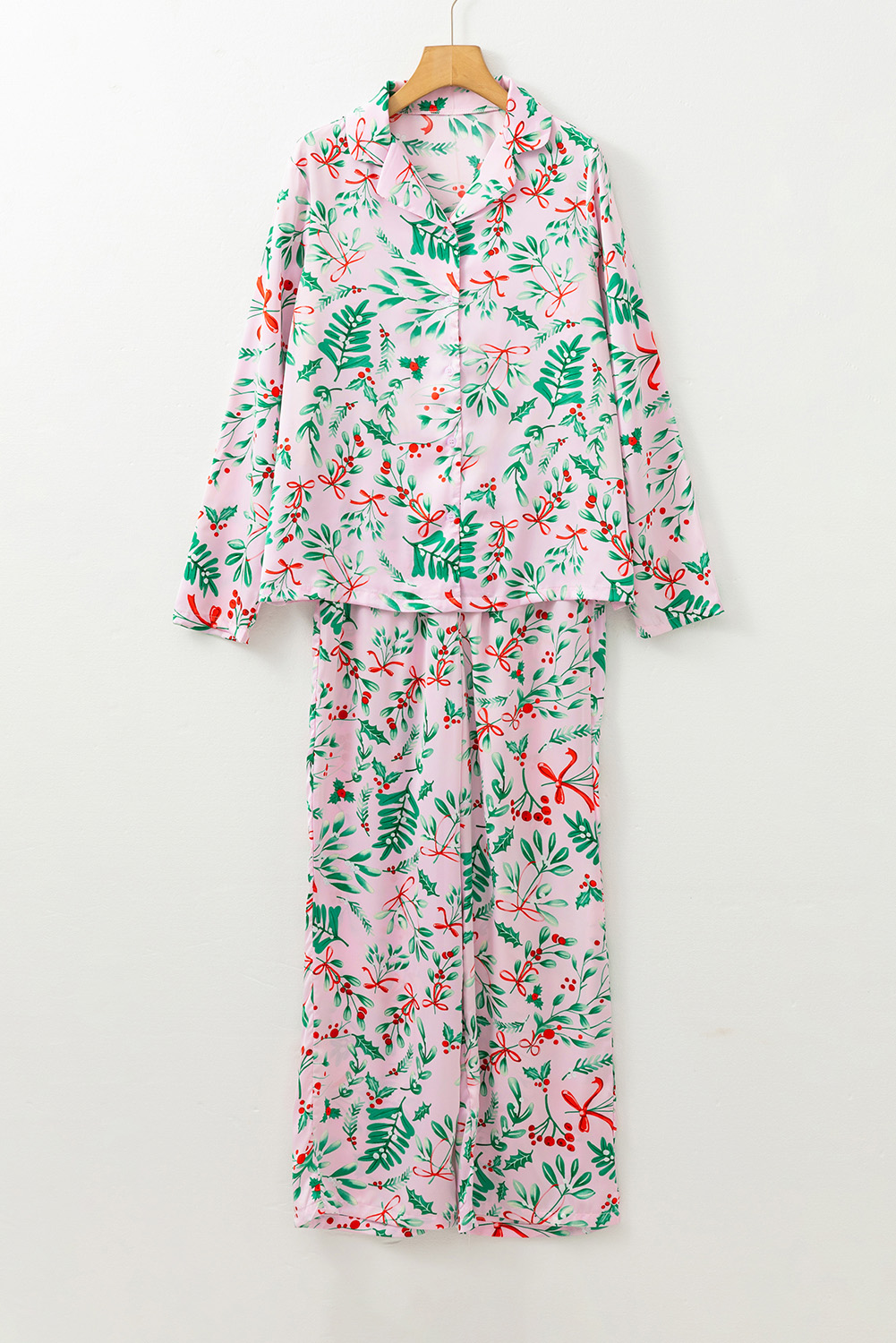 Pink Christmas Berries Plant Print Satin Long Sleeve Pajama Set - Image 3