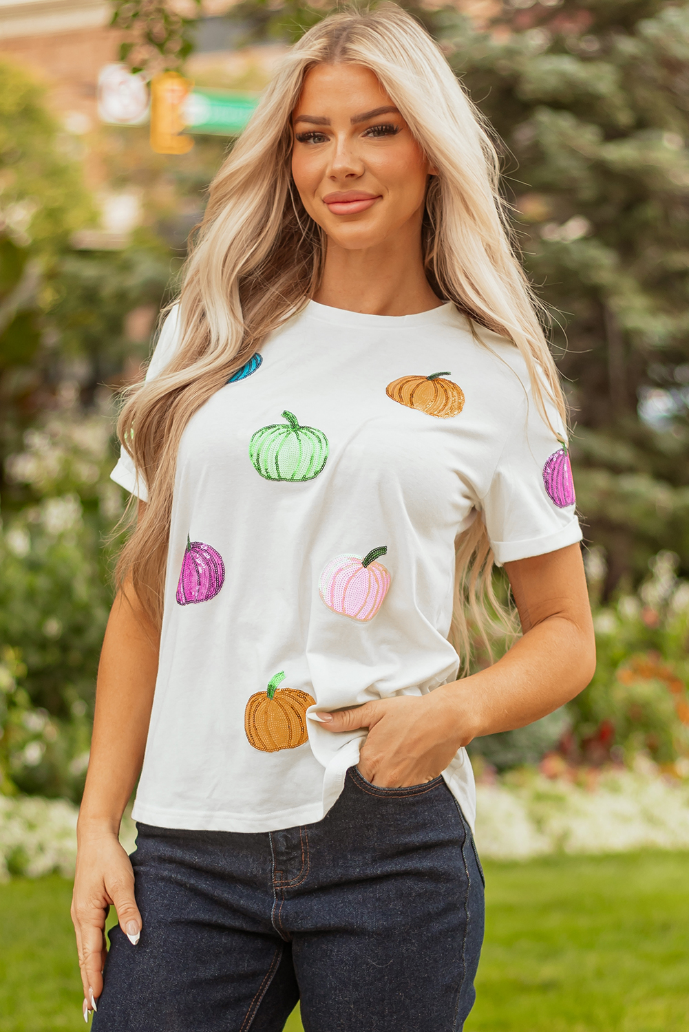 White Sequin Pumpkin Patched Cotton Blend T Shirt - Image 4