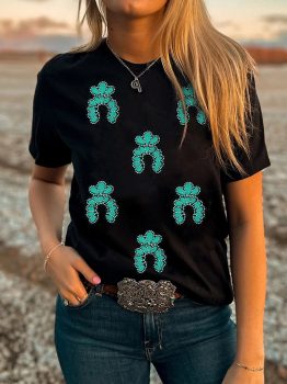 Black Western Turquoise Pattern Sequin Patched T Shirt
