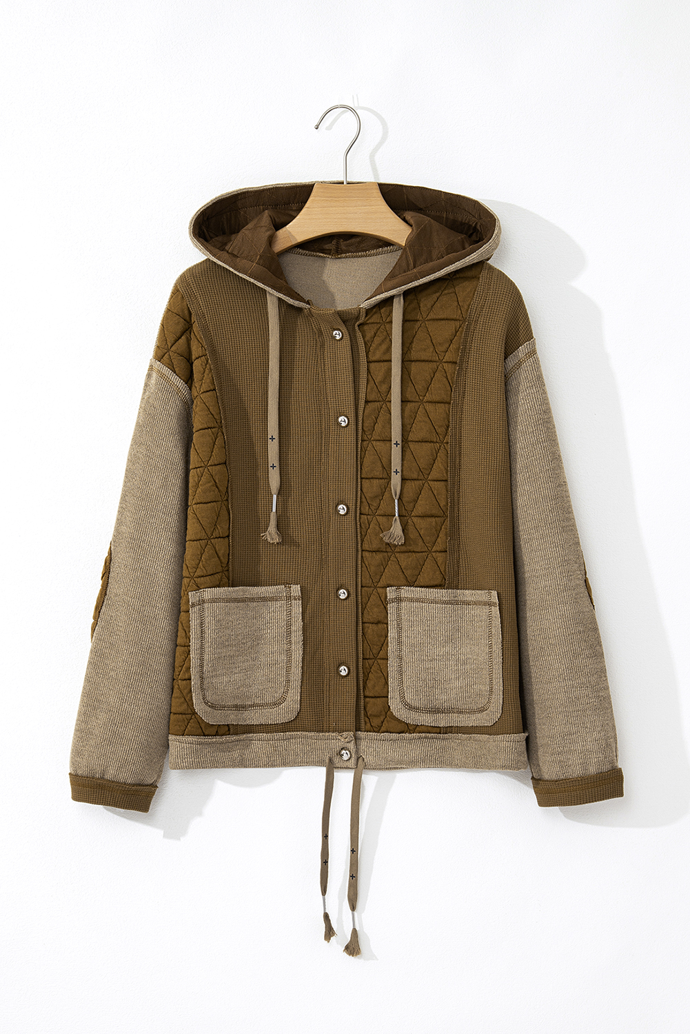 Jungle Green Quilted Textured Patchwork Loose Fit Hooded Jacket - Image 3