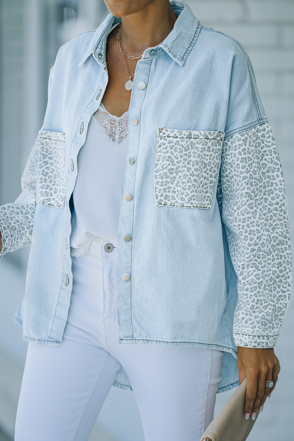 Sky Blue Contrast Leopard Denim Jacket - Image 5