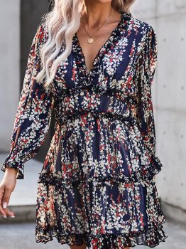 Blue Ruffle Detailing Open Back Floral Dress