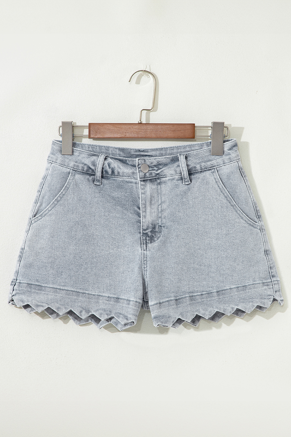 Dusk Blue Scalloped Hemline Acid Wash High Waist Denim Shorts - Image 4