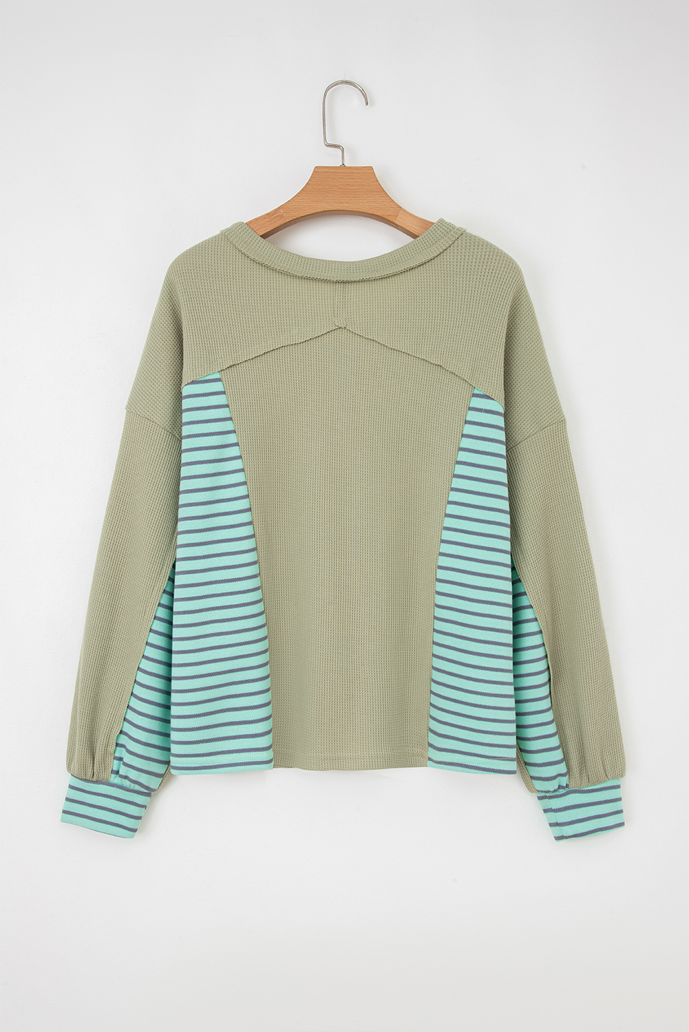 Meadow Mist Green Exposed Seam Waffle Striped Patchwork Baggy Pullover - Image 5