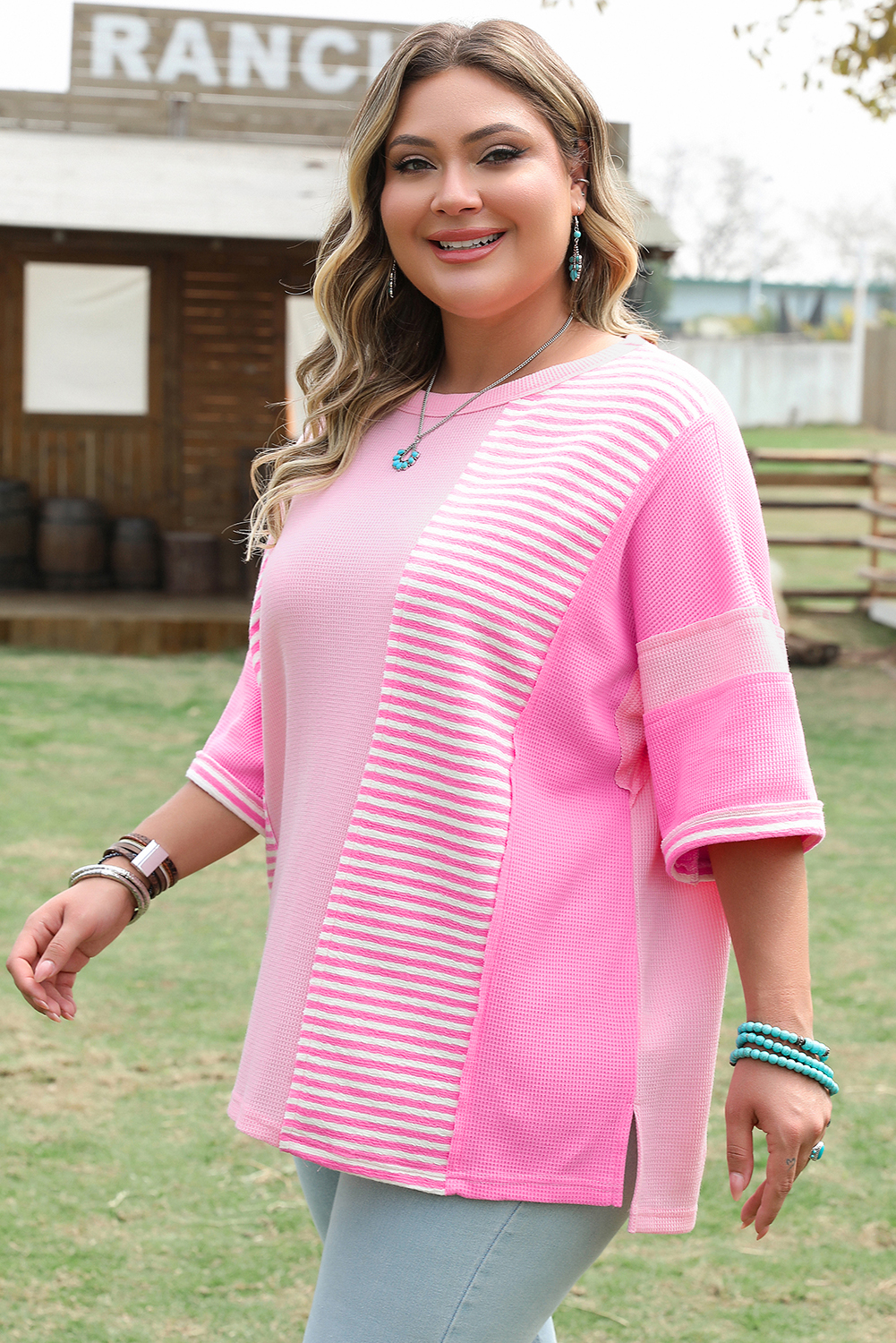 Pink Stripe Patchwork Colorblock Plus Size T Shirt - Image 3