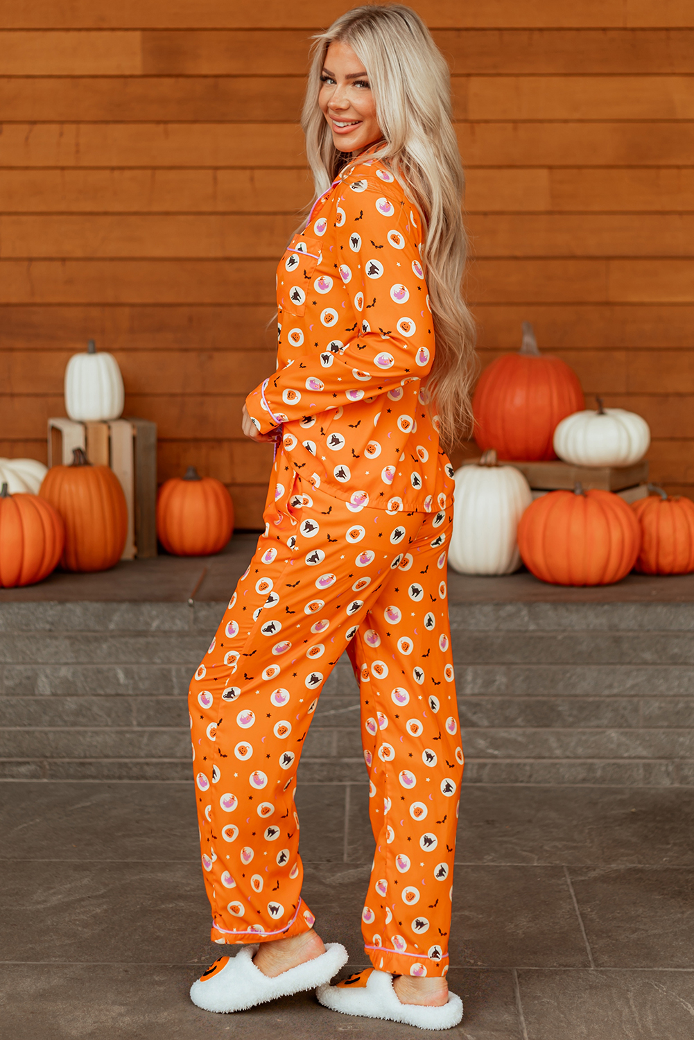 Orange Halloween Print Lapel Shirt Long 2pcs Pajama Set - Image 3