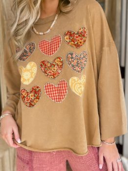 Straw Yellow Plaid Floral Heart Stitched Exposed Seam Mineral Wash Sweatshirt