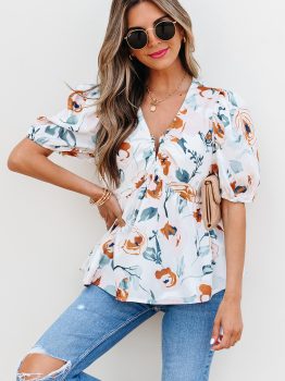 Green Floral Print Puff Sleeve V Neck Babydoll Blouse