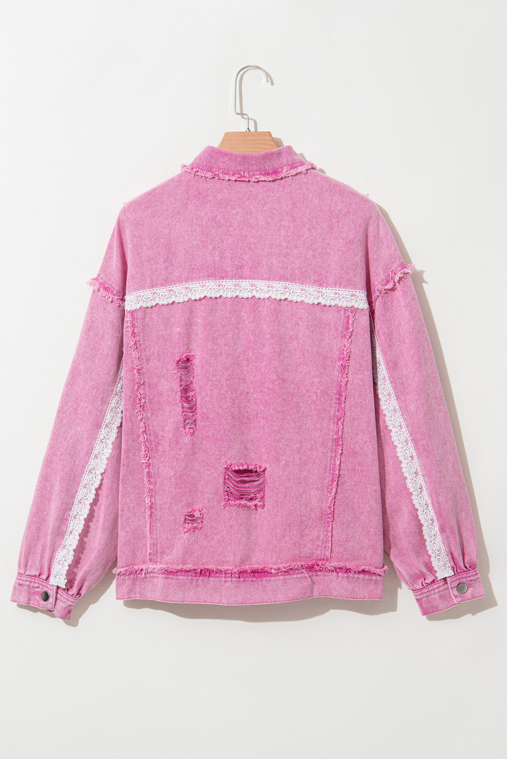 Pink Lace Patchwork Distressed Buttoned Denim Jacket - Image 8