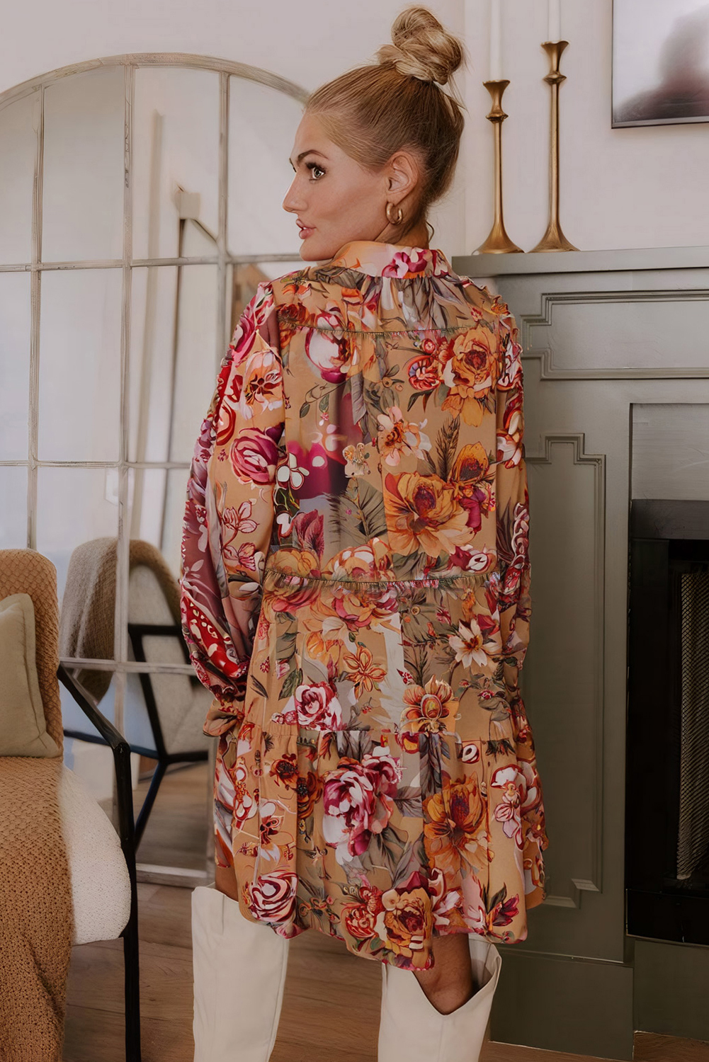 Brown Vintage Floral Print Shirt Style Half Button Long Sleeve Ruffle Mini Dress - Image 2