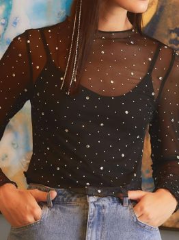 Black Rhinestone Sheer Mesh Slim Fit Long Sleeve Top