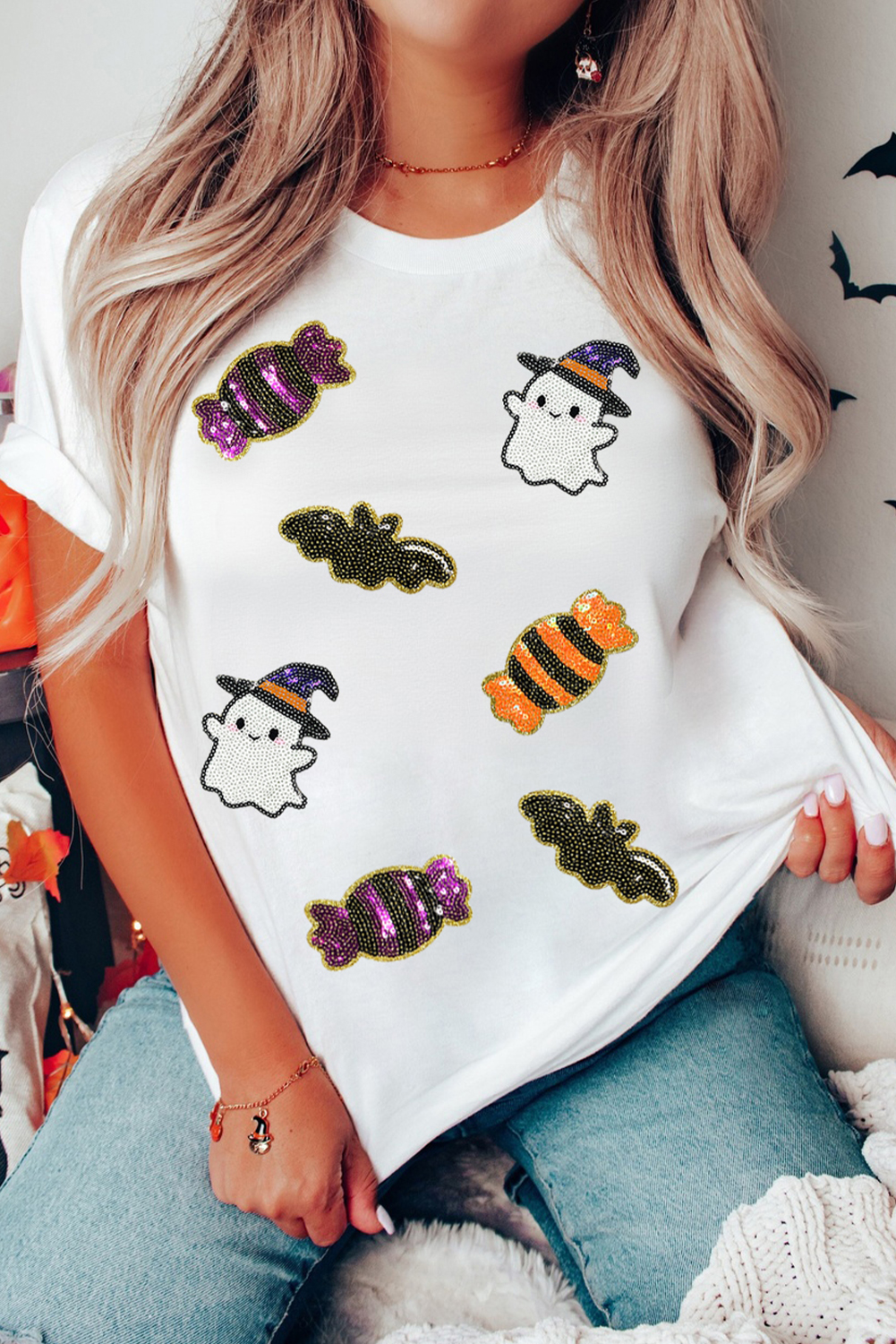 White Sequined Halloween Spirit Pattern Patched Custom Casual Tee - Image 5
