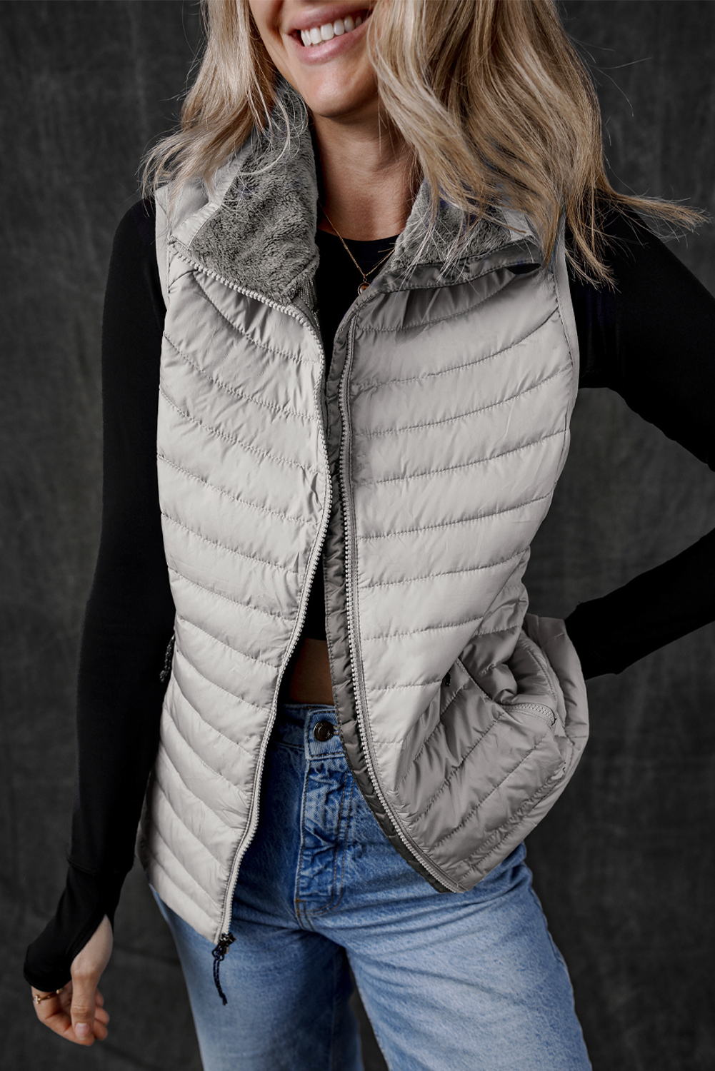 Silvery Plush Collared Quilted Zipped Puffer Vest - Image 4