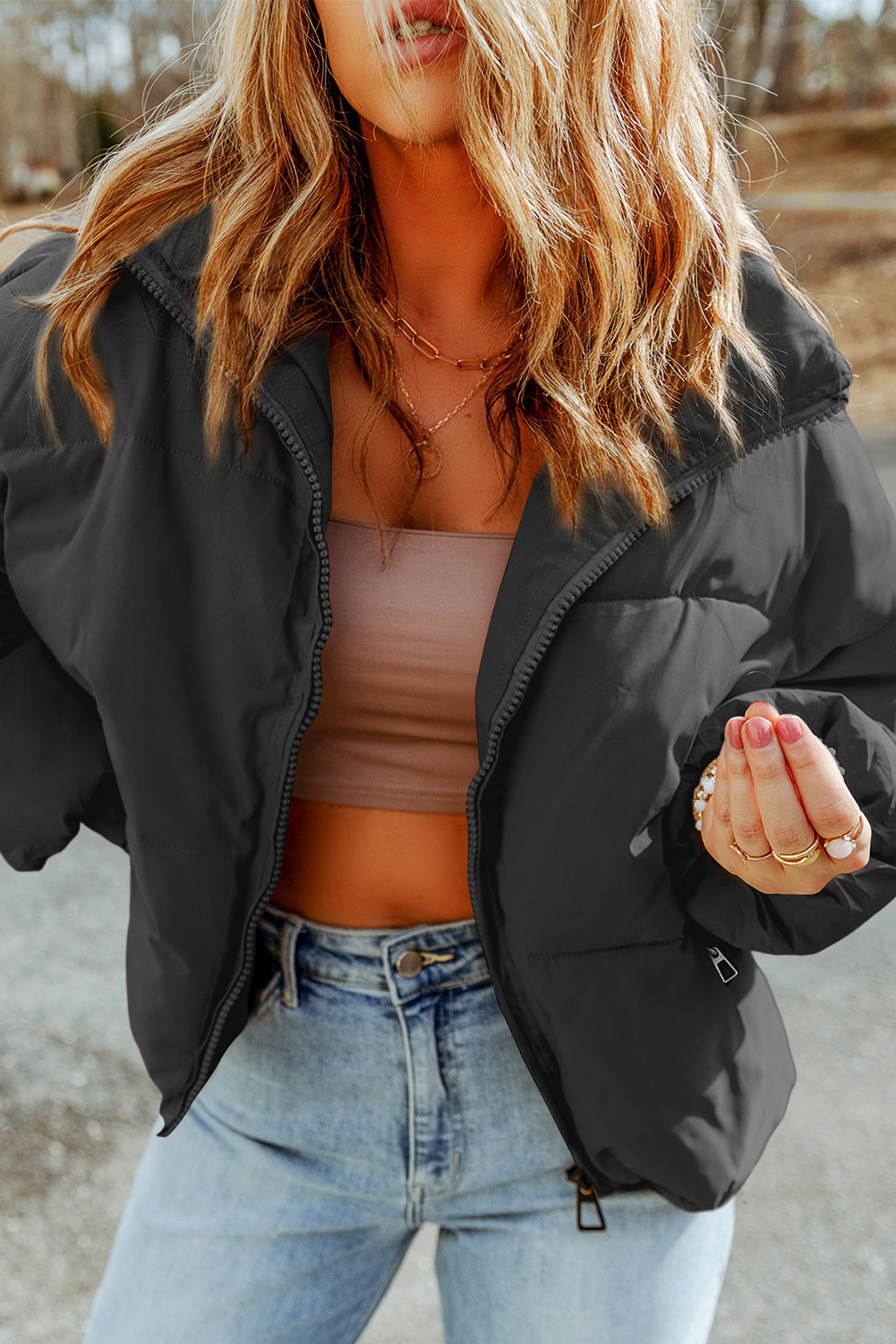 Black Zip Up Pocketed Puffer Jacket - Image 4