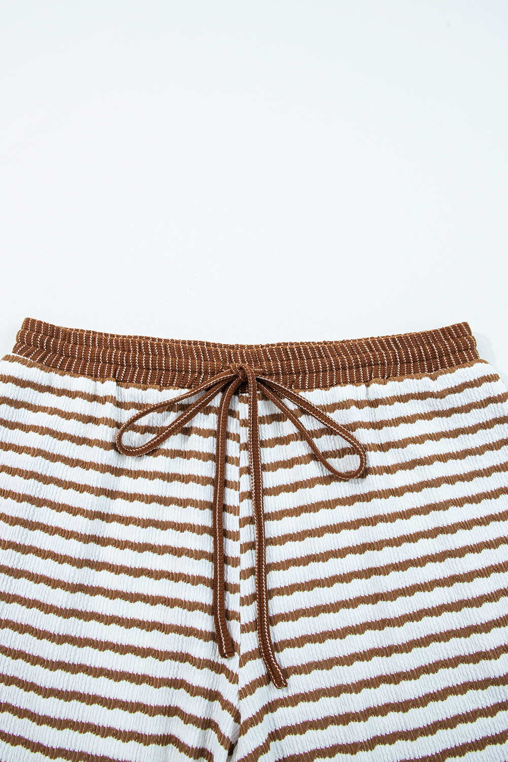 Khaki Stripe Plus Size Collared V Neck Loose Pullover Drawstring Elastic Waist Wide Leg Pant Set - Image 8