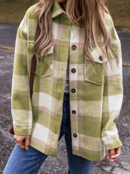 Sage Green Plaid Print Buttoned Flap Pockets Baggy Shacket