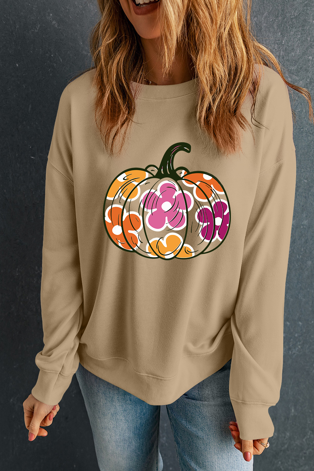 Khaki Halloween Floral Pumpkin Graphic Drop Shoulder Sweatshirt - Image 5