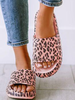 Pink Leopard Print Thick Sole Slip On Slippers