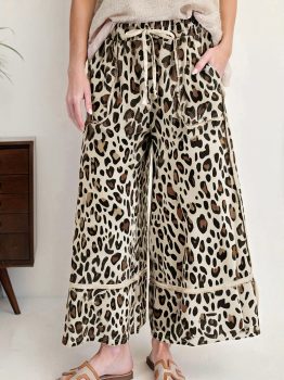Khaki Leopard Wide Leg Cropped Pants
