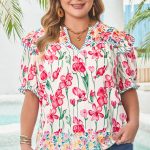 Pink Plus Size Floral Print Striped Trim V Neck Blouse
