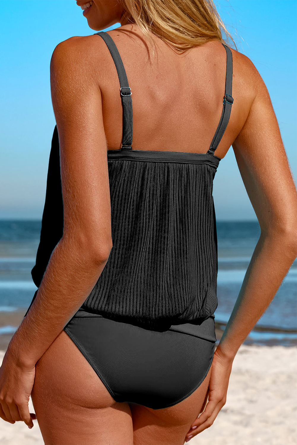 Black Striped Mesh Knotted Hem Tankini Swimsuit - Image 2