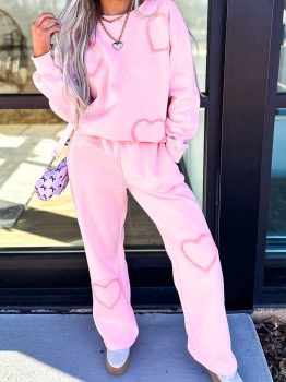 Phalaenopsis Chenille Heart Pattern Casual 2pcs Pants Set