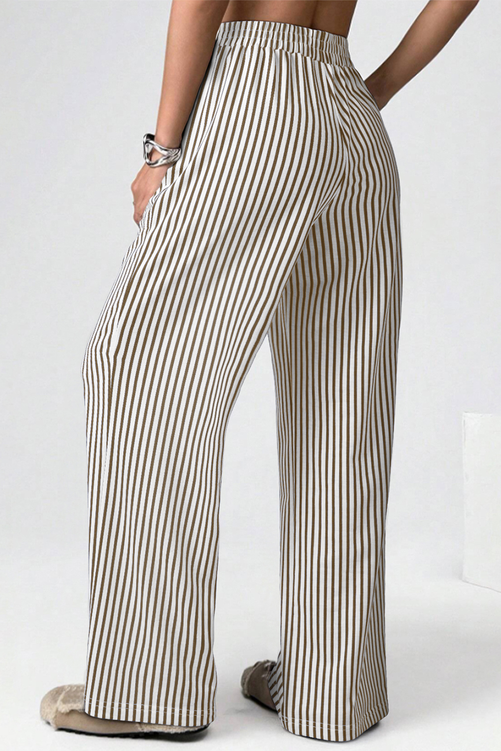 Brown Stripe Elastic High Waist Pocketed Loose Pants - Image 2